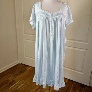Nwt Eileen West Turquoise White Stripe 100% Cotton Knit 38" Nightgown XL